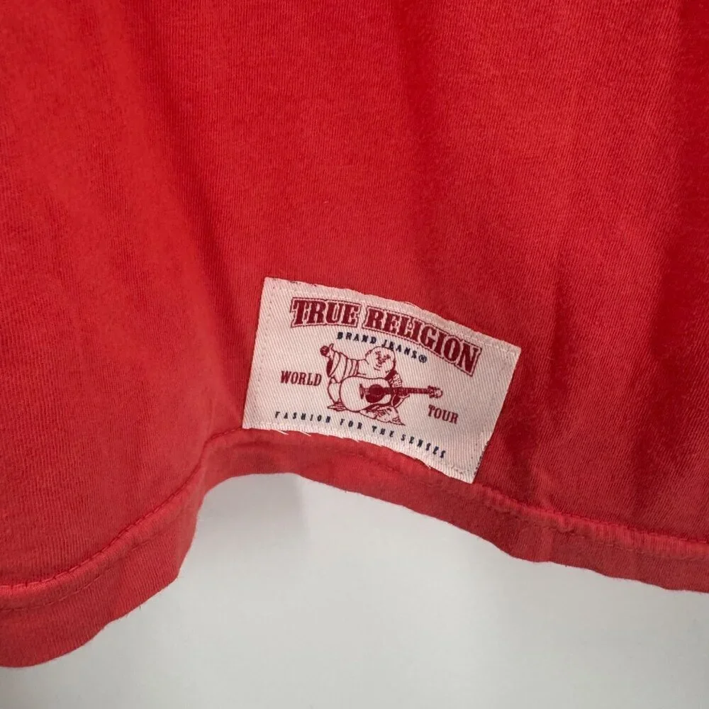 True Religion Red Puff Logo T-Shirt Mens 2XL Made In USA Graphic Buddha Design